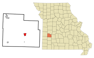 Cedar County MO A section in the southwest corner of Missouri is highlighted in orange to show where Cedar County is