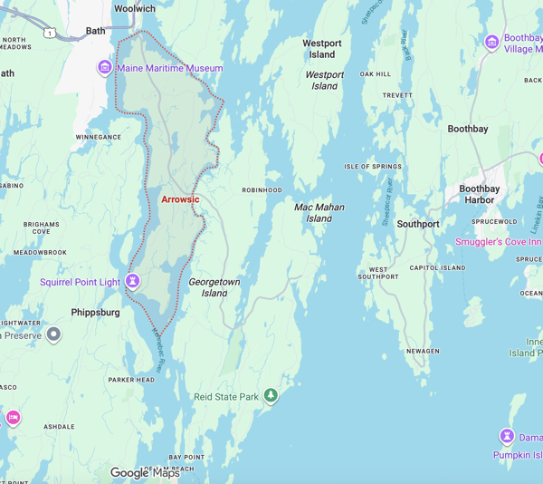 Arrowsic Maine Google Map map of Arrowsic Maine along Maine's coast