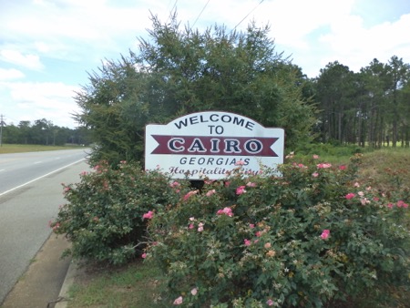 Roadside sign surrounded by bushes reads: Welcome to Cairo, Georgia
