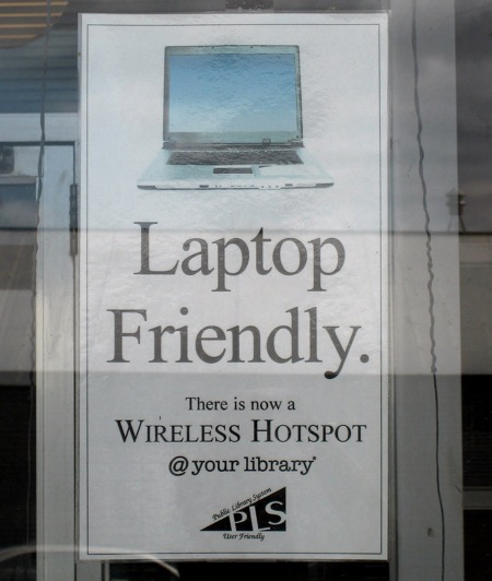 Sign in window reads "Laptop Friendly There is now a wireless hotspot at your library