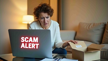 Scam Alert A woman sits behind a laptop with the words "scam alert" emblazoned on back of computer