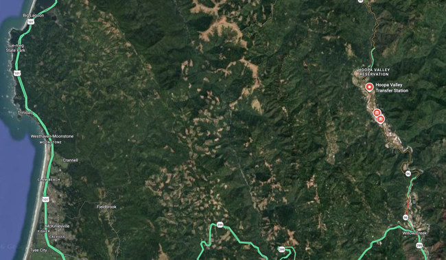 Screenshot of aerial Google map showing the forested mountainous terrain in Northern California where the reservation is located