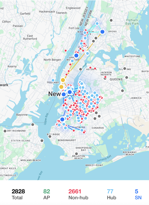 A map with points around NYC show where NYC Mesh is available