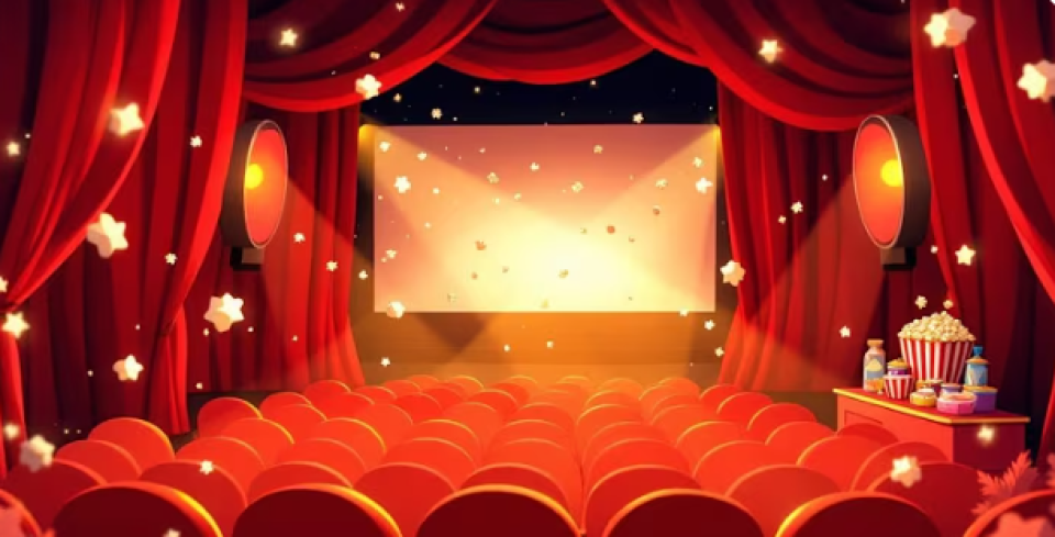 Graphic illustration of movie theater with red seats and red curtains. The movie screen is blank with spotlights aimed at it. The air is filled with popcorn snow