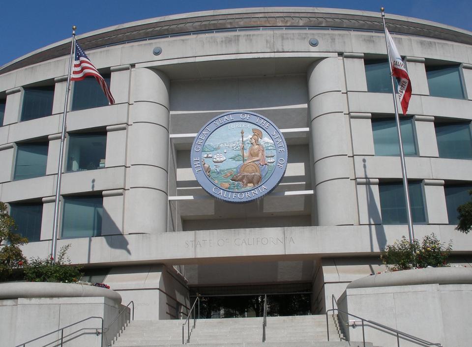CPUC office building with state seal above doorway