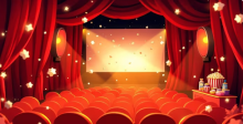 Graphic illustration of movie theater with red seats and red curtains. The movie screen is blank with spotlights aimed at it. The air is filled with popcorn snow