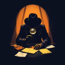 A silloutte of a detective looks through a magnifying glass