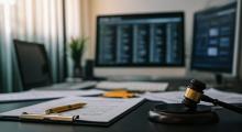 A gavel sits on computer desk in foreground. Blurry background shows computer monitors in background with legal paperwork on desk